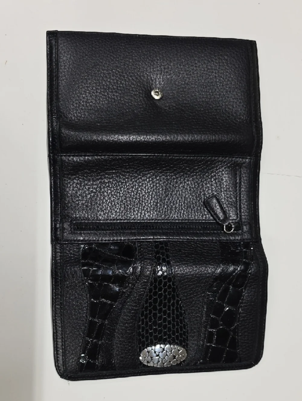 Brighton Leather Trifold Checkbook Wallet, Textured Black Silver Hearts
